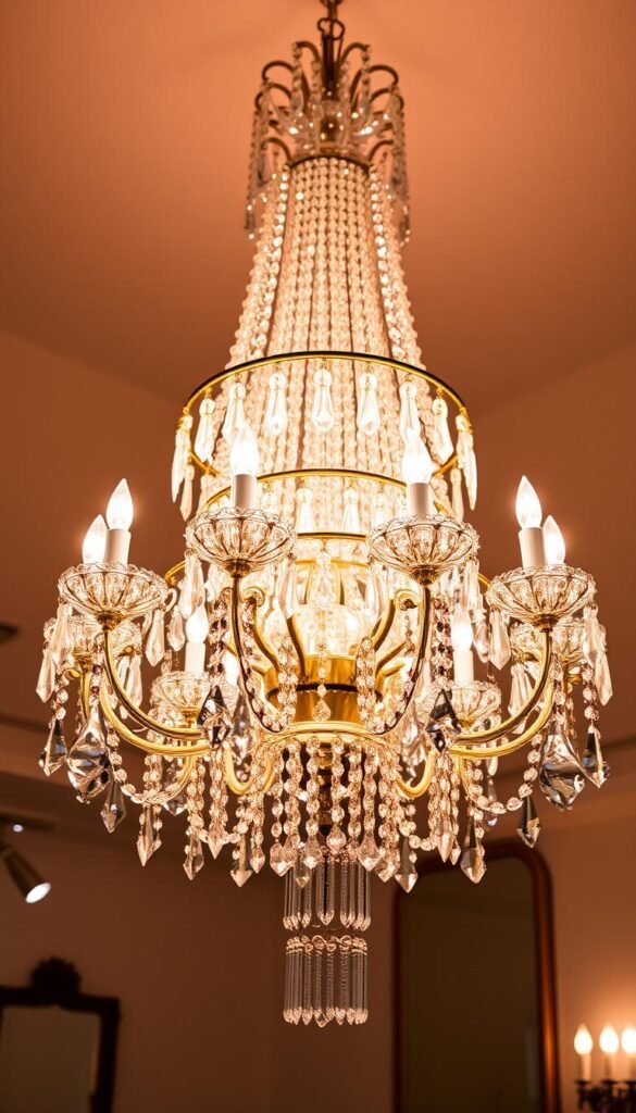 A magnificent crystal chandelier hangs gracefully in the center of the room, its intricate glass prisms refracting the warm, ambient light to create a mesmerizing display of shimmering illumination. The chandelier's elegant, multi-tiered design casts a soft, diffused glow that bathes the space in an enchanting, Parisian-inspired ambiance. The crystal fixtures catch the light, sparkling and shimmering as if frozen in a moment of pure, ethereal beauty. The chandelier's regal presence commands attention, elevating the room's sophisticated aesthetic and infusing the space with a captivating sense of refinement and timeless elegance.