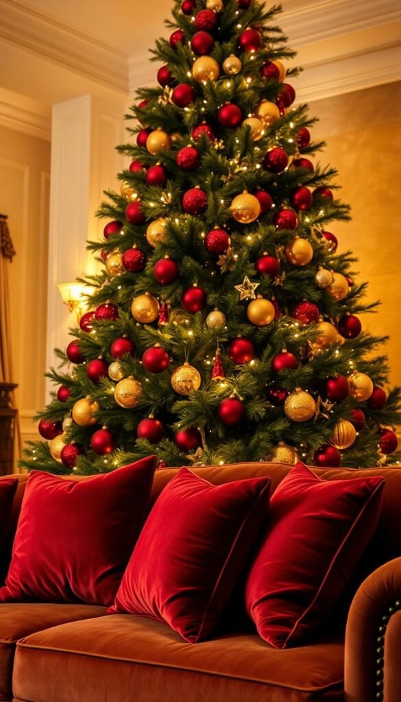 A majestic Christmas tree stands proudly in a cozy living room, its lush green boughs adorned with shimmering red and gold ornaments. The tree is illuminated by a warm, inviting glow, casting a festive ambiance throughout the space. The ornaments reflect the firelight, creating a mesmerizing play of light and shadow. In the foreground, plush red and gold throw pillows adorn a luxurious velvet sofa, complementing the tree's opulent decor. The room is bathed in a soft, golden hue, evoking a sense of holiday elegance and cheer. This stunning centerpiece sets the tone for a joyous, glamorous Christmas celebration.