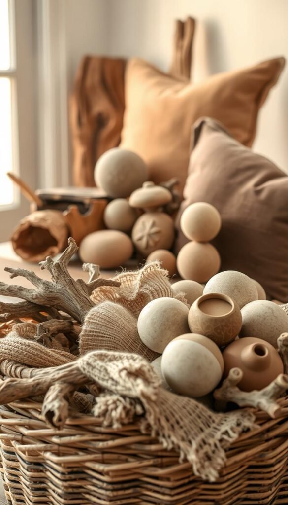 A meticulously arranged still life displaying an assortment of textured decorative elements. In the foreground, a woven basket overflows with a cluster of natural materials - gnarled driftwood, coarse linen, and earthy ceramics. The middle ground showcases a mix of rough-hewn wooden beams, smooth stone spheres, and a plush velvet pillow. Soft, diffused lighting from an unseen window bathes the scene in a warm, golden glow, accentuating the tactile, artisanal qualities of each piece. The overall mood is one of rustic sophistication, inviting the viewer to reach out and experience the varied textures firsthand. This visually compelling tableau captures the essence of crafting a multi-dimensional, texture-rich bedroom aesthetic.