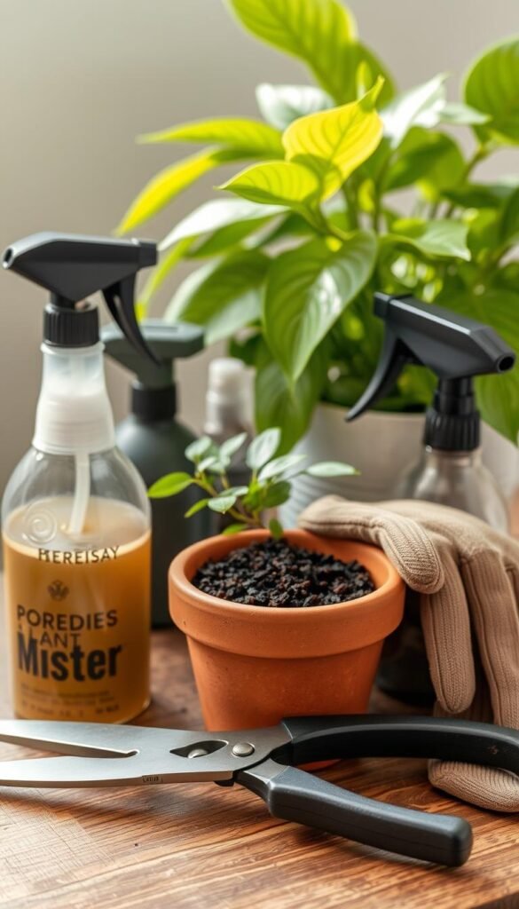 A meticulously arranged still life scene of essential plant care tools and products. In the foreground, a sleek pair of pruning shears, their blades gleaming, and a mister bottle with a fine mist spray. In the middle ground, a small terracotta pot filled with rich, dark soil, a set of gardening gloves, and a plant mister. In the background, a lush, green leafy plant casts a soft, natural light over the scene. The overall mood is one of calm, earthy tranquility, inviting the viewer to care for their thriving indoor plants.