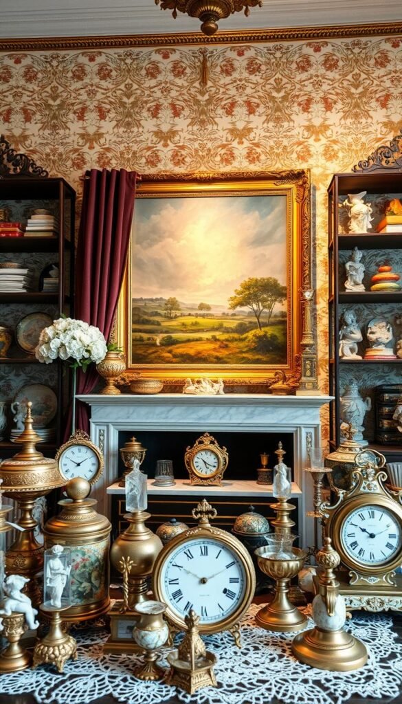 A meticulously curated display of modern Victorian decor accessories and artwork. In the foreground, a tasteful arrangement of vintage-inspired trinkets, delicate lace doilies, and ornamental clocks cast in warm, soft lighting. The middle ground features a grandiose, gilt-framed oil painting depicting a serene countryside landscape, complemented by plush velvet curtains and a marble mantelpiece. The background is adorned with intricate wallpaper patterns and ornate, brass-trimmed shelving units housing an eclectic mix of antique volumes and porcelain figurines. The overall atmosphere is one of refined elegance, blending the timeless charm of the Victorian era with contemporary sensibilities.