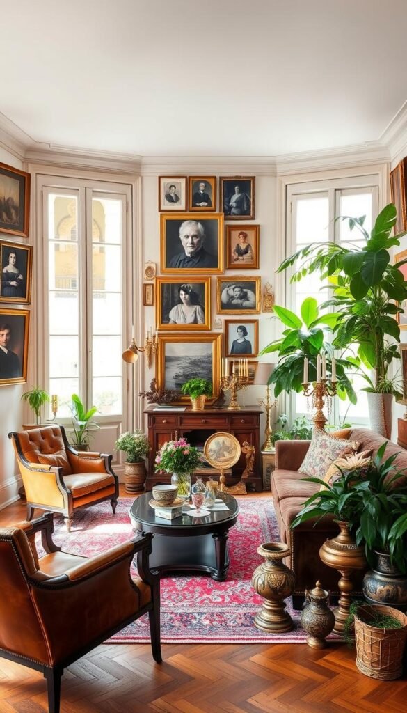 A meticulously curated living room in the heart of Paris, exuding Parisian elegance. In the foreground, an eclectic mix of antique and modern decor items: a vintage leather armchair, a mid-century coffee table, and a plush velvet sofa. Hanging on the walls, an assortment of framed art and photographs in varying styles, from impressionist paintings to black-and-white portraits. The middle ground features ornate candelabras, intricate ceramics, and a collection of lush potted plants, creating a visually stimulating and harmonious display. The background showcases a set of large windows that flood the space with warm, natural light, casting a soft, inviting glow throughout the room. The overall aesthetic is a seamless blend of old-world charm and modern sophistication, perfectly capturing the essence of Parisian elegance.