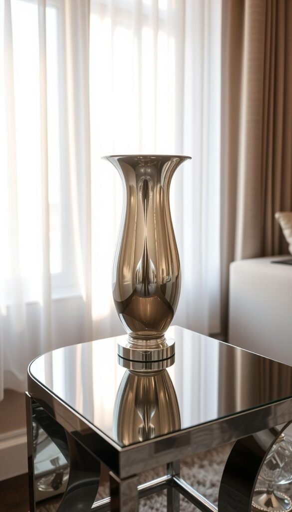 A meticulously polished silver vase sits atop a sleek, mirrored side table, its surface reflecting the warm glow of a soft, indirect light source. The vase's surface catches and refracts the illumination, creating a mesmerizing play of light and shadow. In the background, a large window allows natural daylight to stream in, casting a subtle sheen across the room's decor. The overall atmosphere is one of understated elegance, highlighting the beauty and practicality of well-maintained silver accents in a living space. A meticulously polished silver vase sits atop a sleek, mirrored side table, its surface reflecting the warm glow of a soft, indirect light source. The vase's surface catches and refracts the illumination, creating a mesmerizing play of light and shadow. In the background, a large window allows natural daylight to stream in, casting a subtle sheen across the room's decor. The overall atmosphere is one of understated elegance, highlighting the beauty and practicality of well-maintained silver accents in a living space.