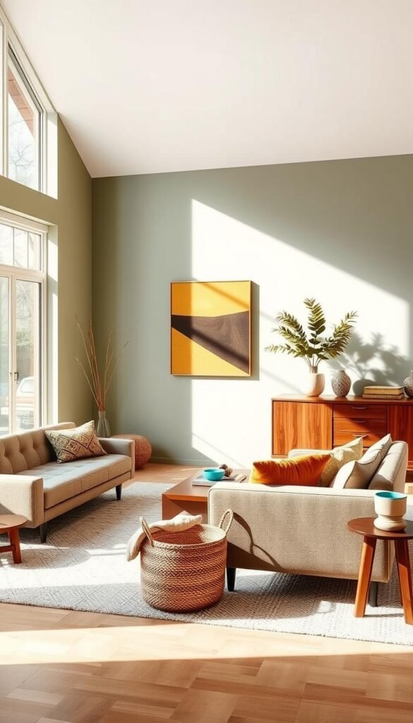 A mid-century modern living room bathed in a timeless color palette of warm neutrals, earthy tones, and bold accents. Soft sunlight streams through large picture windows, casting a gentle glow on the minimalist furnishings - a sleek, tufted sofa, angular armchair, and low-profile credenza in rich walnut. The walls showcase a soothing sage green hue, complemented by pops of mustard yellow, burnt orange, and deep turquoise in the artwork, throw pillows, and decorative accessories. Textured elements like a shag rug, woven basket, and wooden side table add depth and visual interest, while the overall composition evokes a sense of elegant simplicity and enduring style.
