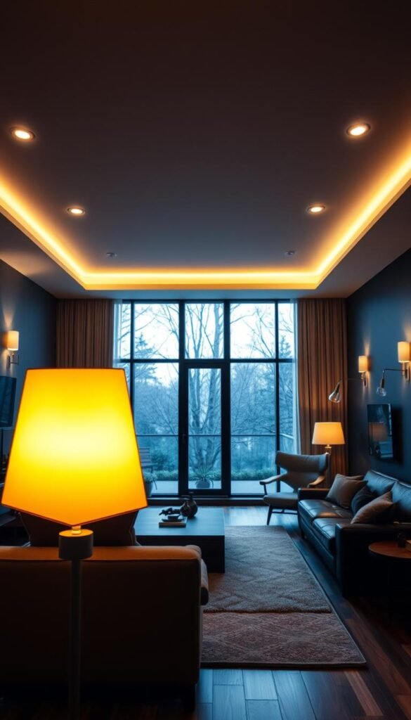 A mid-century modern living room illuminated by a layered lighting design. In the foreground, a sleek, angular floor lamp casts a warm, focused glow. In the middle ground, recessed ceiling lights bathe the space in a soft, ambient radiance. Along the walls, sconces with adjustable arms provide accent lighting, casting dramatic shadows and highlighting architectural details. The backdrop is a panoramic window that floods the room with natural daylight, creating a play of light and shadow. The overall atmosphere is one of depth, dimension, and a harmonious blend of modern and vintage styles. A mid-century modern living room illuminated by a layered lighting design. In the foreground, a sleek, angular floor lamp casts a warm, focused glow. In the middle ground, recessed ceiling lights bathe the space in a soft, ambient radiance. Along the walls, sconces with adjustable arms provide accent lighting, casting dramatic shadows and highlighting architectural details. The backdrop is a panoramic window that floods the room with natural daylight, creating a play of light and shadow. The overall atmosphere is one of depth, dimension, and a harmonious blend of modern and vintage styles.