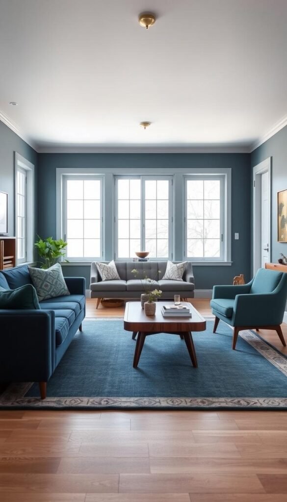 A mid-century modern living room with a balanced, cool color scheme. The foreground features a plush, navy blue sofa flanked by two vintage armchairs in a muted jade tone. A sleek, walnut coffee table with tapered legs rests atop a geometric patterned rug in shades of slate and azure. The middle ground showcases floor-to-ceiling windows that flood the space with soft, indirect natural lighting, casting a soothing ambiance. In the background, the walls are painted in a calming, dusty blue hue, complemented by minimalist, brushed brass light fixtures. The overall atmosphere exudes a sense of tranquility and timeless elegance, perfect for a balanced mid-century modern living room color scheme to try in 2025.