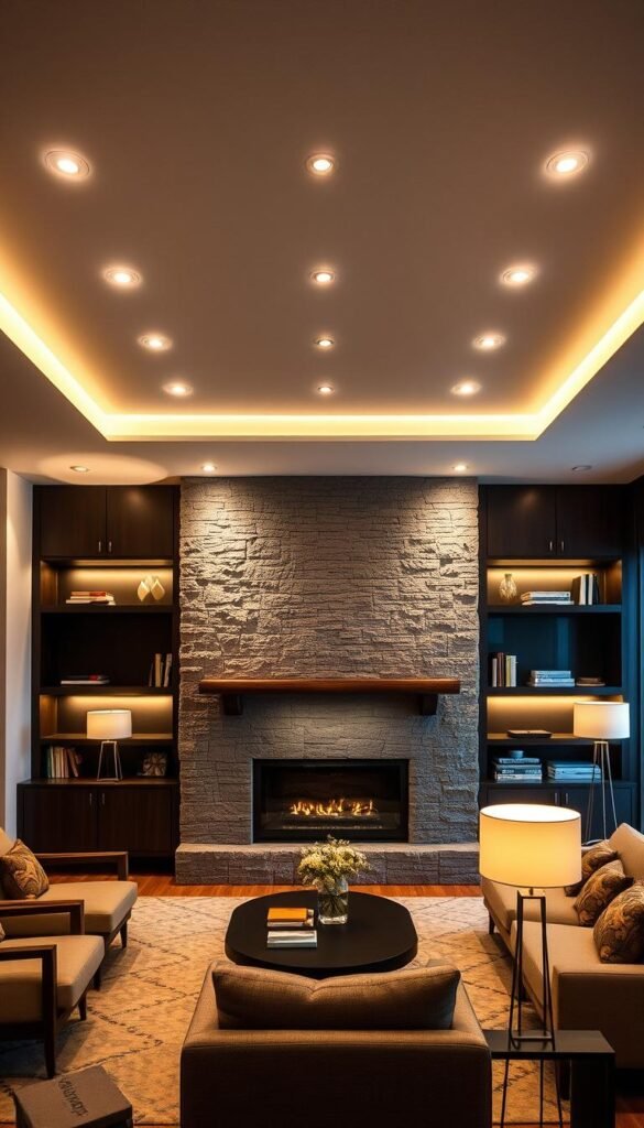 A mid-century modern living room with seamlessly integrated lighting features. The focal point is a built-in recessed ceiling light array casting a warm, diffused glow across the space. Wall sconces flank a statement fireplace, their soft illumination accentuating the textured stone facade. Sleek, minimalist table lamps dot the room, their clean lines complementing the iconic furniture pieces. Ambient lighting is subtly integrated into the bookshelves, creating a cozy, inviting ambiance. The overall lighting design is cohesive, enhancing the room's architectural details and creating a harmonious, functional living environment. A mid-century modern living room with seamlessly integrated lighting features. The focal point is a built-in recessed ceiling light array casting a warm, diffused glow across the space. Wall sconces flank a statement fireplace, their soft illumination accentuating the textured stone facade. Sleek, minimalist table lamps dot the room, their clean lines complementing the iconic furniture pieces. Ambient lighting is subtly integrated into the bookshelves, creating a cozy, inviting ambiance. The overall lighting design is cohesive, enhancing the room's architectural details and creating a harmonious, functional living environment.