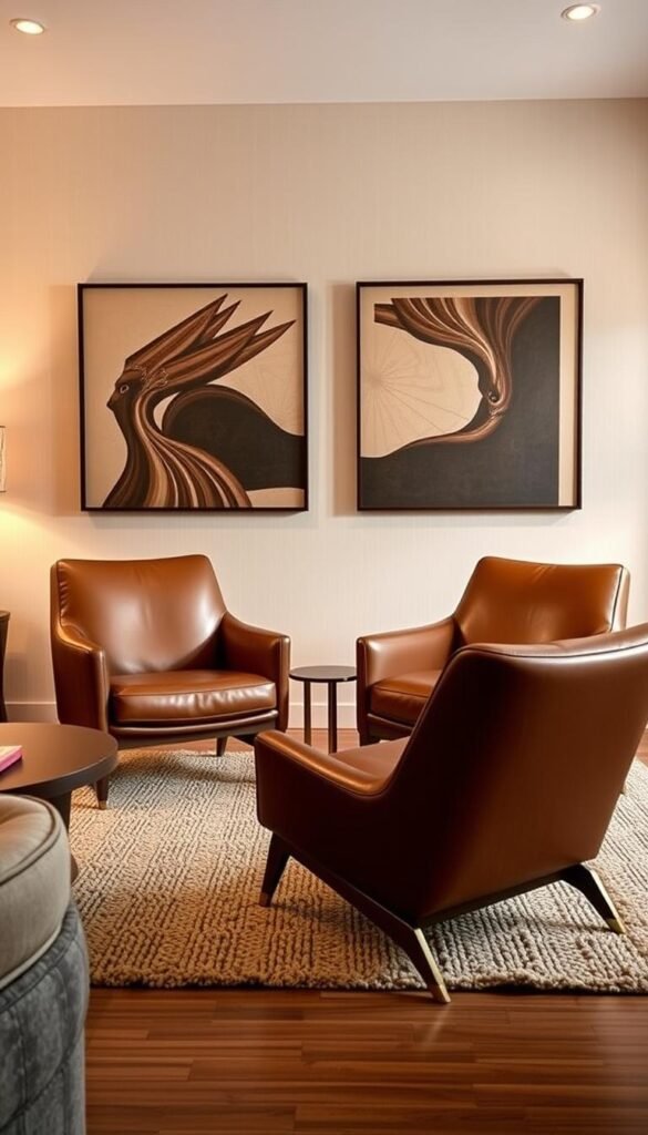 A mid-century modern living room with two statement accent chairs taking center stage. The chairs feature sleek, angled frames in rich, cognac-colored leather, complemented by brass or steel accents. The chairs are positioned in a cozy conversation area, with a minimalist coffee table and a plush, textured rug underfoot. Warm, indirect lighting creates a inviting ambiance, highlighting the chairs' smooth, curved silhouettes. The background features a neutral-toned wall, allowing the chairs to be the focal point, blending timeless style and contemporary comfort. A mid-century modern living room with two statement accent chairs taking center stage. The chairs feature sleek, angled frames in rich, cognac-colored leather, complemented by brass or steel accents. The chairs are positioned in a cozy conversation area, with a minimalist coffee table and a plush, textured rug underfoot. Warm, indirect lighting creates a inviting ambiance, highlighting the chairs' smooth, curved silhouettes. The background features a neutral-toned wall, allowing the chairs to be the focal point, blending timeless style and contemporary comfort.