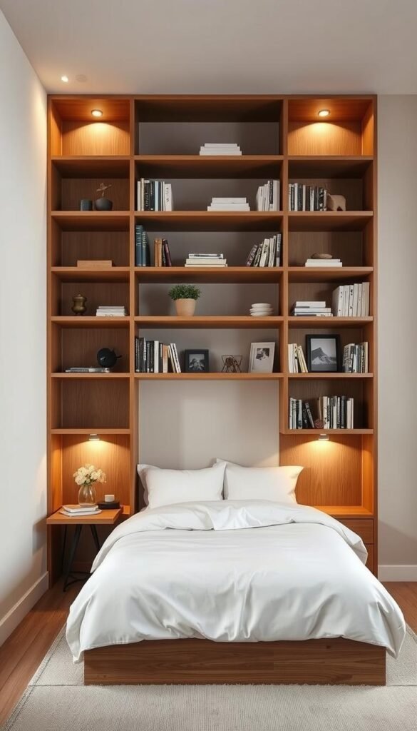 A minimalist and functional bedroom with vertical storage solutions for small spaces. A floor-to-ceiling shelving unit in warm wood tones dominates the foreground, its sleek and streamlined design providing ample storage for books, decor, and personal items. Soft, diffused lighting emanates from hidden sconces, creating a cozy and inviting atmosphere. In the middle ground, a compact, low-profile bed with crisp white linens and a modern side table complements the clean, Scandinavian-inspired aesthetic. The background features a neutral-toned wall, emphasizing the focus on the vertical storage and creating a sense of balance and harmony in the compact room.