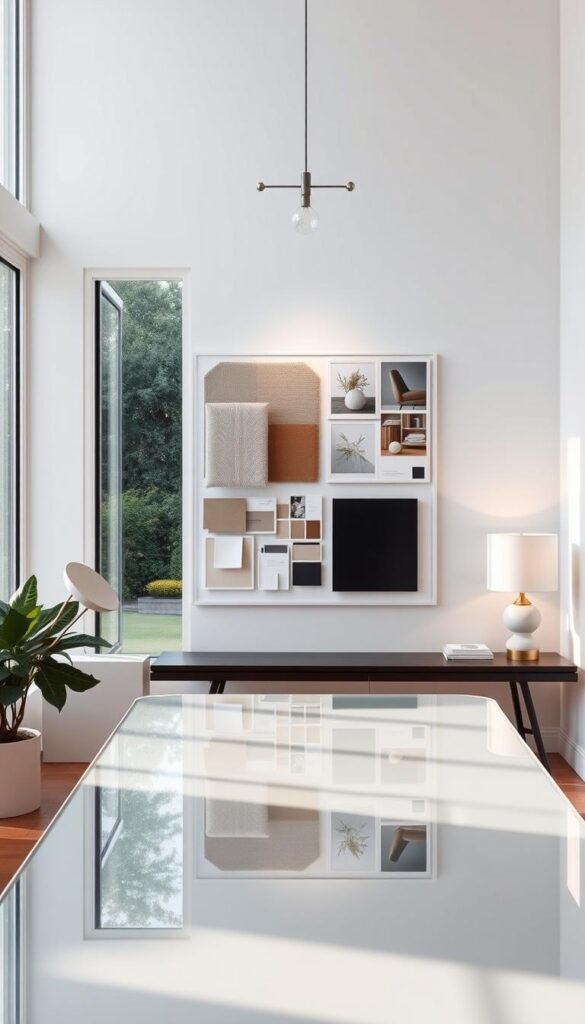 A minimalist and modern design studio interior, featuring a large window overlooking a serene garden. The foreground showcases a sleek, glass-topped desk with a stylish lamp and a few carefully curated design samples. In the middle ground, a sophisticated mood board displays fabric swatches, color palettes, and inspirational imagery, all illuminated by soft, natural lighting from the window. The background features a clean, white wall adorned with a simple, elegant light fixture, creating a calming and professional atmosphere conducive to the design assessment process.