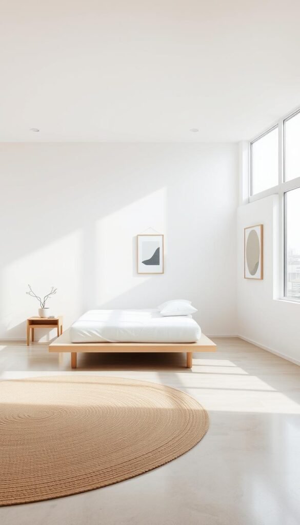 A minimalist bedroom design with clean, modern lines. Bright, airy space with large windows allowing natural light to flood the room. Minimalist platform bed with crisp white bedding and a single potted plant on a slim, wooden nightstand. Smooth, white walls with a single, abstract wall hanging. Polished concrete or light hardwood floors with a simple, woven area rug. Subtle, recessed lighting casts a warm glow, creating a serene and calming atmosphere. The entire scene captures a sense of simplicity, balance, and tranquility. A minimalist bedroom design with clean, modern lines. Bright, airy space with large windows allowing natural light to flood the room. Minimalist platform bed with crisp white bedding and a single potted plant on a slim, wooden nightstand. Smooth, white walls with a single, abstract wall hanging. Polished concrete or light hardwood floors with a simple, woven area rug. Subtle, recessed lighting casts a warm glow, creating a serene and calming atmosphere. The entire scene captures a sense of simplicity, balance, and tranquility.