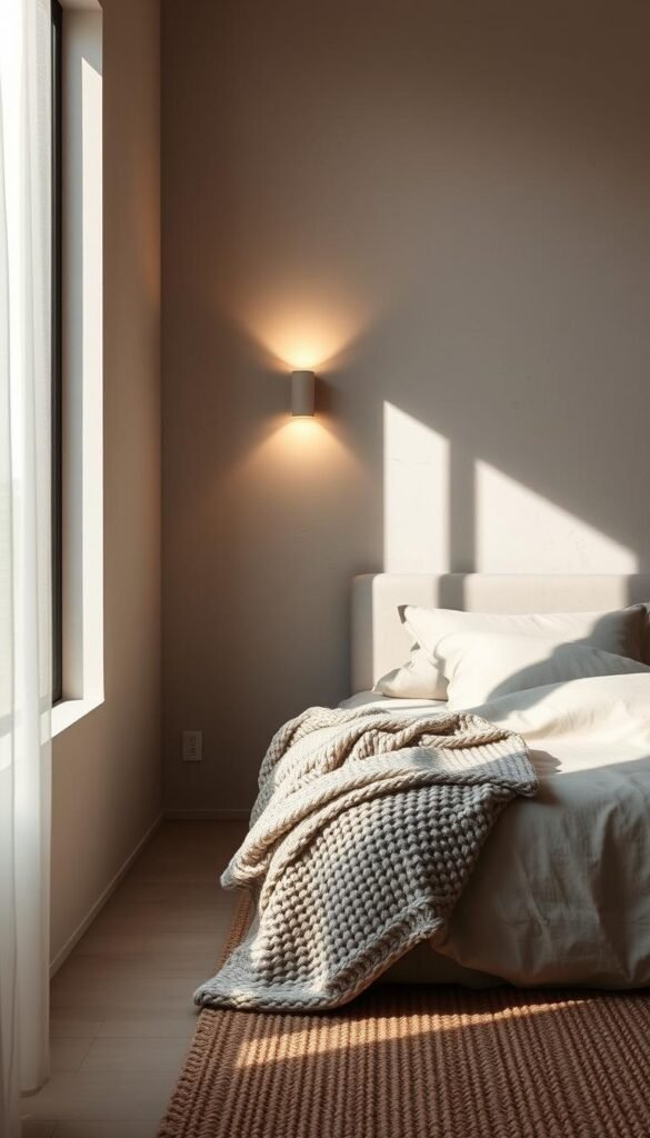 A minimalist bedroom with a calming, cozy atmosphere. A soft light from a single sconce casts a warm, diffused glow, illuminating the textured surfaces. Muted, earthy tones create a serene, soothing palette - a smooth, linen-upholstered headboard, a chunky knit throw, and a woven area rug. Shadows play across the walls, highlighting the subtle variations in the matte plaster finish. The window frames the scene, offering a glimpse of a tranquil outdoor landscape. An intimate, meditative space, perfect for rest and relaxation.