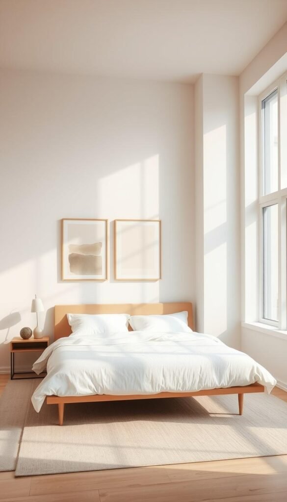A minimalist bedroom with a serene, airy atmosphere. The walls are adorned with simple, abstract art pieces in muted tones, creating a calming, gallery-like ambiance. Soft, natural lighting filters through large windows, casting a warm glow on the clean, uncluttered space. The bed takes center stage, its simple, low-profile frame complementing the overall minimalist aesthetic. The room exudes a sense of tranquility and intentional design, inviting the viewer to embrace the beauty of simplicity.