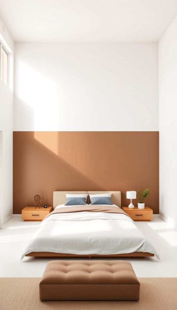 A minimalist bedroom with a striking accent wall, bathed in soft, natural light. A large, uncluttered space with clean lines and a serene, calming atmosphere. The accent wall is a smooth, matte finish in a deep, earthy tone, creating a focal point that draws the eye. The remaining walls are a crisp, bright white, complementing the minimalist design. A low-profile platform bed with simple, geometric bedding takes center stage, while a few carefully curated decor elements, such as a potted plant and a sleek, modern lamp, add subtle visual interest. Soft, diffused lighting from a large window casts a warm glow throughout the room, enhancing the sense of tranquility and relaxation. A minimalist bedroom with a striking accent wall, bathed in soft, natural light. A large, uncluttered space with clean lines and a serene, calming atmosphere. The accent wall is a smooth, matte finish in a deep, earthy tone, creating a focal point that draws the eye. The remaining walls are a crisp, bright white, complementing the minimalist design. A low-profile platform bed with simple, geometric bedding takes center stage, while a few carefully curated decor elements, such as a potted plant and a sleek, modern lamp, add subtle visual interest. Soft, diffused lighting from a large window casts a warm glow throughout the room, enhancing the sense of tranquility and relaxation.