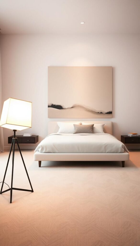 A minimalist bedroom with a striking statement piece as the focal point. In the foreground, a modern, angular floor lamp casts a warm, ambient glow, illuminating the sparse yet thoughtfully curated space. The middle ground features a minimalist, low-profile bed frame, topped with crisp white bedding and accented by a single decorative pillow. Dominating the background, a large, abstract canvas painting in muted tones creates a bold visual contrast, serving as the room's artistic centerpiece. The overall atmosphere is one of serene, understated sophistication, where a single statement piece elevates the entire space.