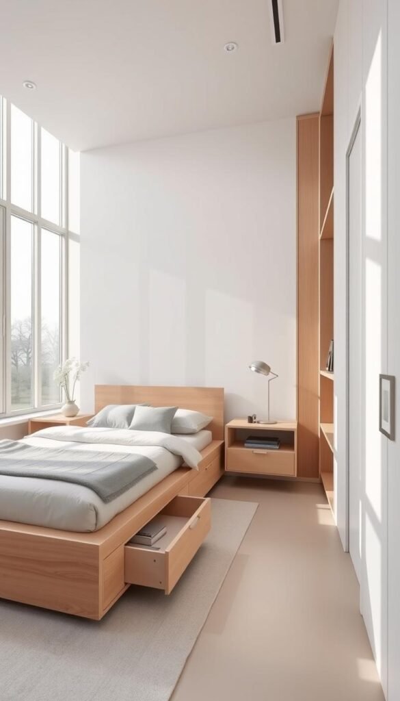 A minimalist bedroom with built-in storage solutions, bathed in soft, diffused natural lighting through large windows. The focal point is a sleek, custom-built platform bed with integrated drawers and shelves, complemented by a floating nightstand and headboard. The neutral color palette of whites, grays, and natural wood tones creates a serene, calming atmosphere. Sparse, modern decor and carefully curated accessories accentuate the clean, uncluttered aesthetic. The room's layout maximizes floor space, while the built-in storage seamlessly blends function and form, allowing the user to maintain a minimalist, organized living environment. A minimalist bedroom with built-in storage solutions, bathed in soft, diffused natural lighting through large windows. The focal point is a sleek, custom-built platform bed with integrated drawers and shelves, complemented by a floating nightstand and headboard. The neutral color palette of whites, grays, and natural wood tones creates a serene, calming atmosphere. Sparse, modern decor and carefully curated accessories accentuate the clean, uncluttered aesthetic. The room's layout maximizes floor space, while the built-in storage seamlessly blends function and form, allowing the user to maintain a minimalist, organized living environment.