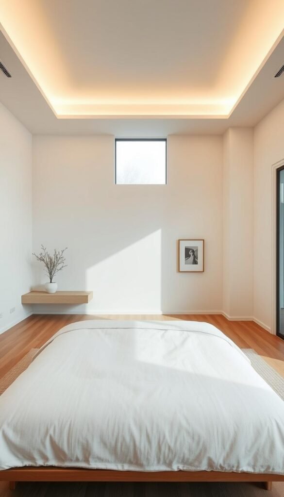 A minimalist bedroom with clean lines and serene atmosphere. In the foreground, a low-profile platform bed with a simple linen duvet. Soft, indirect lighting casts a warm glow across the space. The middle ground features a floating nightstand and minimal decor - a potted plant, a single framed artwork. The background showcases large windows overlooking a tranquil outdoor scene, allowing natural light to flow in. The overall mood is one of calm, understated elegance - a sanctuary of relaxation. Captured with a wide-angle lens to emphasize the spacious, uncluttered ambiance. A minimalist bedroom with clean lines and serene atmosphere. In the foreground, a low-profile platform bed with a simple linen duvet. Soft, indirect lighting casts a warm glow across the space. The middle ground features a floating nightstand and minimal decor - a potted plant, a single framed artwork. The background showcases large windows overlooking a tranquil outdoor scene, allowing natural light to flow in. The overall mood is one of calm, understated elegance - a sanctuary of relaxation. Captured with a wide-angle lens to emphasize the spacious, uncluttered ambiance.