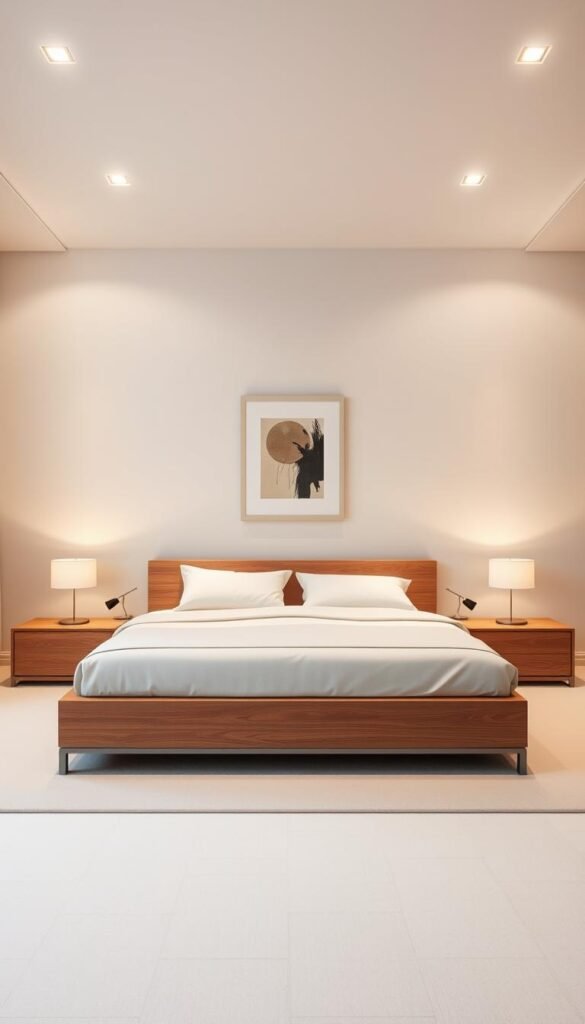 A minimalist bedroom with clean, modern furniture. A low platform bed with a simple wood or metal frame takes center stage, flanked by matching nightstands with minimalist lamps. In the background, a bare wall with a single abstract art piece provides a focal point. Soft, ambient lighting from recessed ceiling fixtures creates a serene, relaxing atmosphere. The overall aesthetic is one of understated elegance, with a focus on clean lines, neutral colors, and high-quality materials that exude a sense of calm and sophistication.