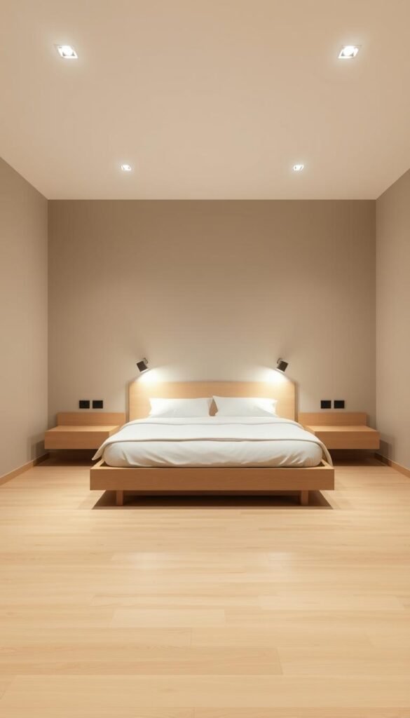 A minimalist bedroom with strategic lighting that creates a calming, modern atmosphere. The room features a low platform bed with clean lines, surrounded by a minimalist nightstand and wall-mounted lighting. The lighting is positioned to illuminate the bed, creating a cozy focal point. The walls are a neutral, muted tone, and the floor is a light-colored wood. Soft, indirect lighting from the wall sconces and recessed ceiling fixtures casts a warm, ambient glow throughout the space, highlighting the simplicity and elegance of the design. A minimalist bedroom with strategic lighting that creates a calming, modern atmosphere. The room features a low platform bed with clean lines, surrounded by a minimalist nightstand and wall-mounted lighting. The lighting is positioned to illuminate the bed, creating a cozy focal point. The walls are a neutral, muted tone, and the floor is a light-colored wood. Soft, indirect lighting from the wall sconces and recessed ceiling fixtures casts a warm, ambient glow throughout the space, highlighting the simplicity and elegance of the design.