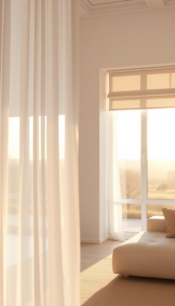 A minimalist, bright Scandinavian living room with large windows showcasing strategic window treatments that maximize natural light. In the foreground, sheer white curtains gently billow, allowing soft, diffused sunlight to fill the space. The middle ground features sleek, modern Roman shades in a pale, natural linen texture, elegantly framing the view. In the background, tall windows reveal a serene, outdoor landscape bathed in warm, golden afternoon light. The overall mood is one of calm, serene luminosity, creating a truly inviting and relaxing atmosphere.