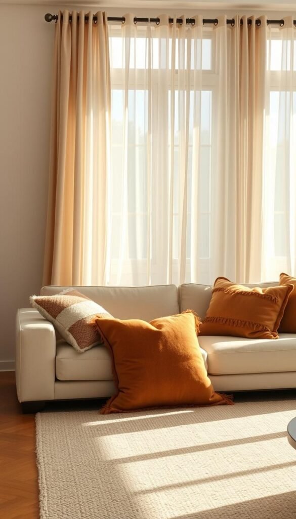 A minimalist, clean-lined sofa with soft, boho-inspired throw pillows in earthy tones sits in a sun-dappled living room. Warm, diffuse lighting filters through sheer, billowing curtains, casting a cozy glow. The sofa's sleek silhouette is softened by the plush, textured pillows, creating a harmonious blend of modern and rustic elements. The overall mood is one of relaxed sophistication, inviting viewers to sink in and savor the moment.
