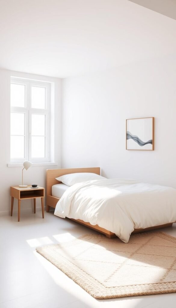 A minimalist, decluttered bedroom space with an airy, calming atmosphere. A large window floods the room with soft, natural lighting, casting a warm glow. The bed is neatly made with crisp, white linens. A small nightstand with a simple, modern lamp sits beside the bed. The walls are painted in a soothing, neutral tone, with a single piece of abstract art hanging. The floor is clean, with a plush, neutral-toned area rug. The overall ambiance evokes a sense of serenity and simplicity, showcasing the "less is more" design philosophy.