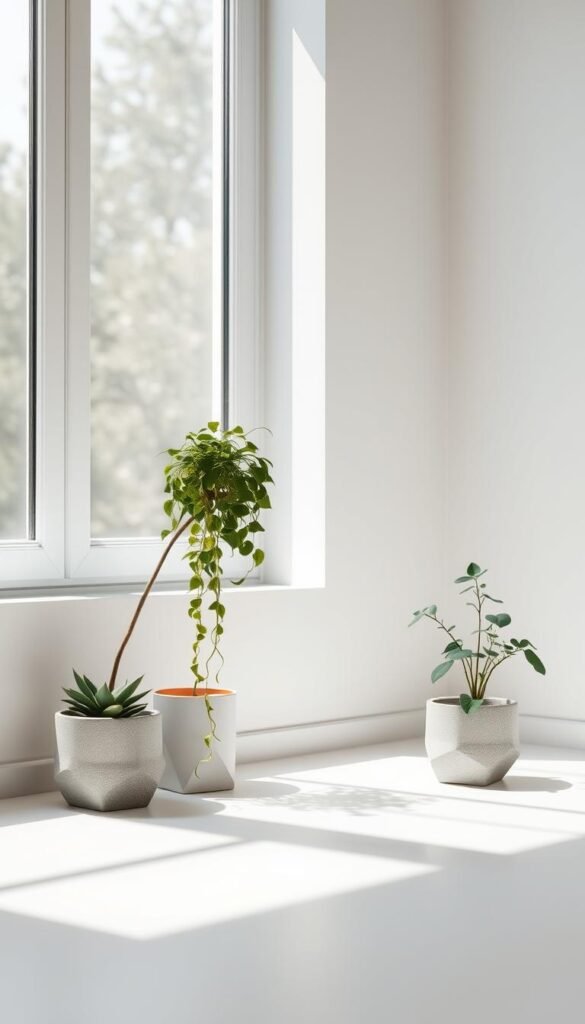 A minimalist indoor scene, featuring a simple yet elegant arrangement of potted plants. Soft, natural lighting filters through a large window, casting gentle shadows across the clean, uncluttered surfaces. Showcased are a few carefully selected species, such as a lush, trailing succulent and a delicate, leafy houseplant, arranged in modern, geometric planters. The overall composition emphasizes the plants' sculptural forms and muted, harmonious tones, creating a serene, restorative atmosphere. The camera angles capture the plants in a close, intimate perspective, emphasizing their subtle beauty and tranquil presence within the refined, understated interior. A minimalist indoor scene, featuring a simple yet elegant arrangement of potted plants. Soft, natural lighting filters through a large window, casting gentle shadows across the clean, uncluttered surfaces. Showcased are a few carefully selected species, such as a lush, trailing succulent and a delicate, leafy houseplant, arranged in modern, geometric planters. The overall composition emphasizes the plants' sculptural forms and muted, harmonious tones, creating a serene, restorative atmosphere. The camera angles capture the plants in a close, intimate perspective, emphasizing their subtle beauty and tranquil presence within the refined, understated interior.