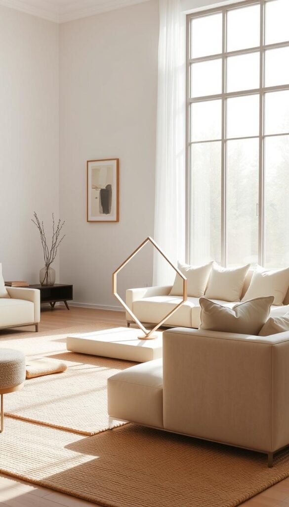 A minimalist living room focal point, bathed in soft, natural light filtering through a large window. The centerpiece is a simply designed, yet visually striking geometric sculpture, its clean lines and muted tones complementing the neutral palette of the room. Surrounding it, plush seating in tones of ivory and beige create a cozy, inviting atmosphere. The floor is covered in a textured, natural fiber rug, adding warmth and grounding the space. Subtle wall decor, such as a single, framed piece of abstract art, adds visual interest without distracting from the focal point. The overall impression is one of calm, refined elegance, inviting the viewer to pause and appreciate the beauty of minimalist design.