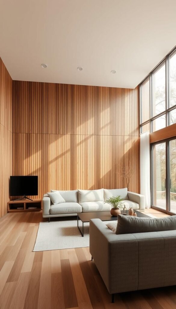 A minimalist living room interior with wood slat panels covering the walls, creating a warm, natural ambiance. The room is bathed in soft, diffused natural light streaming through large windows, highlighting the clean lines and uncluttered design. Muted tones of beige, brown, and gray dominate the color palette, complementing the organic texture of the wood. A simple, low-profile sofa and a few minimalist accent pieces, such as a sleek coffee table and a potted plant, fill the space, emphasizing the focus on simplicity and serenity. The composition uses a wide-angle lens to capture the full breadth of the room, conveying a sense of calm and openness.