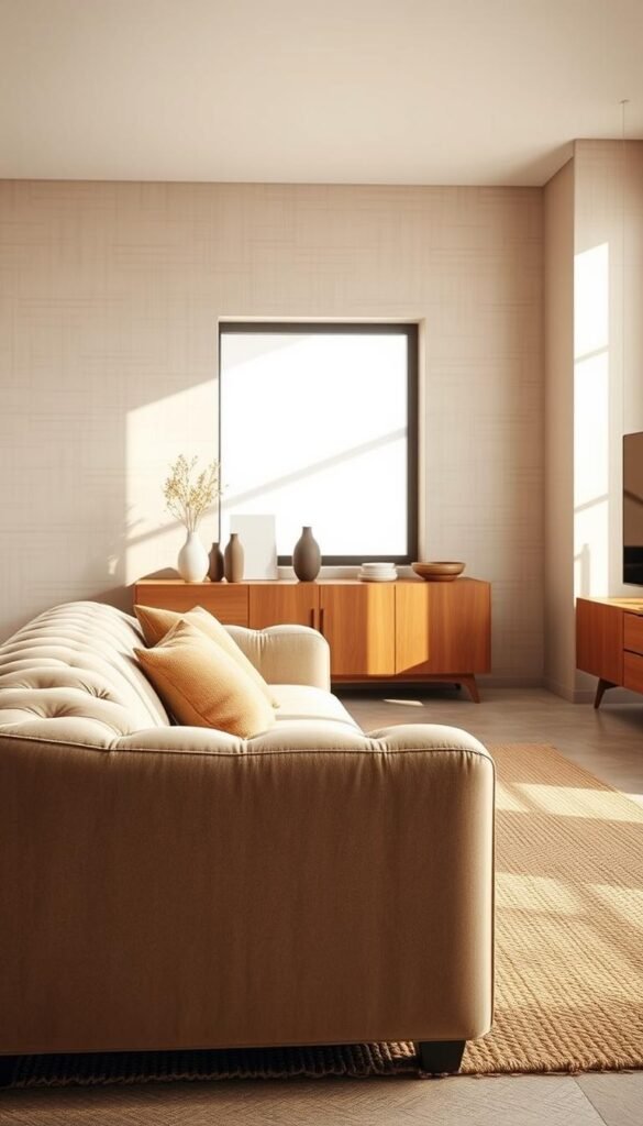 A minimalist living room showcasing textured materials and neutral tones. In the foreground, a plush, tufted sofa with a soft, velvet-like finish sits atop a natural jute rug. Behind it, a solid wood credenza with a smooth, matte finish displays carefully curated decor. In the middle ground, a large window floods the space with warm, diffused natural light, casting gentle shadows across the room. The walls are adorned with a subtle, textured wallpaper in a muted, earthy palette, creating a serene and calming atmosphere. The overall scene exudes a sense of tranquility and refined simplicity, perfectly reflecting the essence of a modern, minimalist living space.