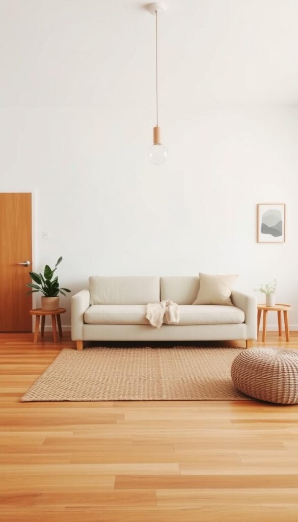 A minimalist living room space with warm, earthy tones. Natural hardwood flooring leads to a simple couch in a neutral palette, accented by a woven area rug and a few carefully curated decor pieces - a potted plant, a wooden side table, and a small abstract artwork on the wall. Soft, diffused lighting from a single pendant fixture above casts a gentle glow, creating a sense of calm and tranquility. The overall atmosphere is one of intentional simplicity, allowing the natural materials and clean lines to take center stage. A minimalist living room space with warm, earthy tones. Natural hardwood flooring leads to a simple couch in a neutral palette, accented by a woven area rug and a few carefully curated decor pieces - a potted plant, a wooden side table, and a small abstract artwork on the wall. Soft, diffused lighting from a single pendant fixture above casts a gentle glow, creating a sense of calm and tranquility. The overall atmosphere is one of intentional simplicity, allowing the natural materials and clean lines to take center stage.