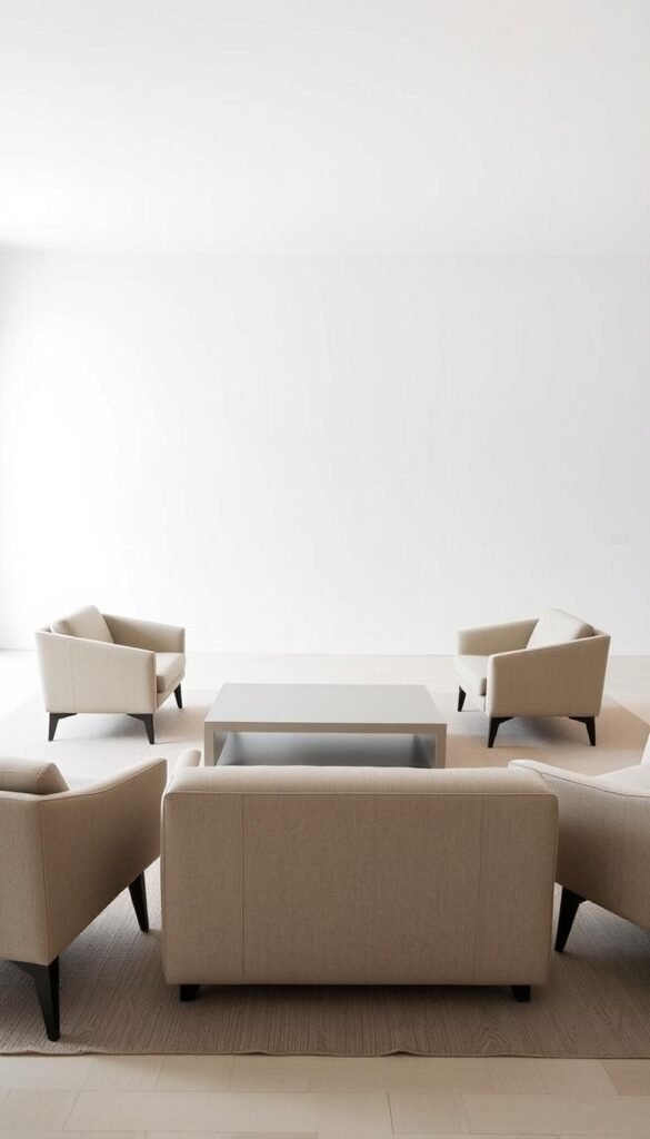 A minimalist living room with a clean, functional furniture selection. In the foreground, a low-profile sofa with sharp, angular lines and neutral upholstery. Flanking it, a pair of matching armchairs with minimal, tapered legs. In the middle ground, a sleek, rectangular coffee table with a smooth, lacquered surface. Behind, a large, floor-to-ceiling window floods the space with natural light, casting a soft, even glow. The room exudes a sense of calm and serenity, with the carefully curated pieces creating a harmonious, uncluttered atmosphere.