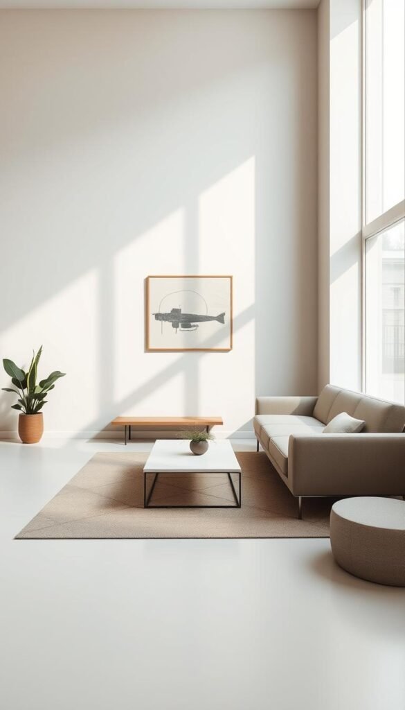 A minimalist living room with clean lines, neutral tones, and a focus on functionality. The space features a low-profile sofa, a sleek coffee table, and a geometric area rug. The walls are adorned with a single, abstract artwork, casting a warm, natural light throughout the room. The lighting is soft and diffused, creating a serene and calming atmosphere. The room is uncluttered, with a sense of balance and simplicity, emphasizing the core principles of minimalist design.
