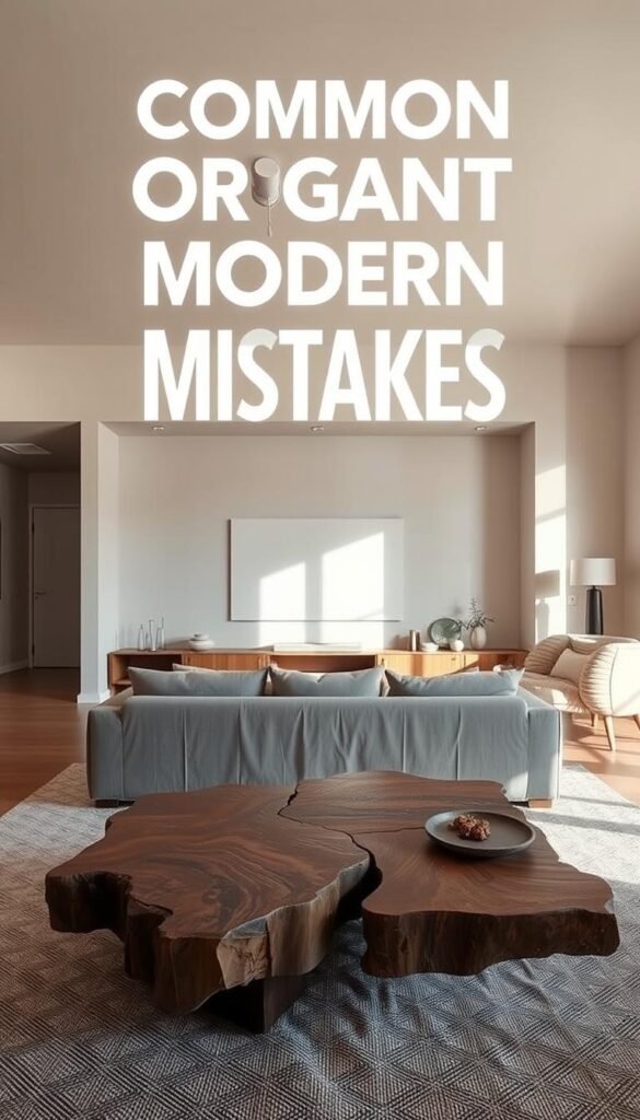 A minimalist living room with common organic modern design mistakes. In the foreground, a coffee table with jagged edges and mismatched materials clashes with a plush, overstuffed sofa. The middle ground features a large, bulky entertainment unit that dominates the space, while the background showcases bare walls with no cohesive artwork or decor. Harsh overhead lighting casts unflattering shadows, and the overall scene lacks harmony, balance, and a cohesive aesthetic. The mood is cluttered and disjointed, undermining the natural, serene vibe of organic modern style.