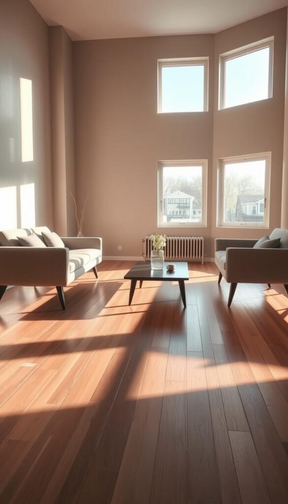 A minimalist living room with sleek, clean-lined furniture featuring tapered legs. The pieces are positioned in a visually balanced arrangement, casting long shadows on a light-colored hardwood floor. The room is bathed in warm, natural light filtering through large windows, creating a tranquil, serene atmosphere. The furniture has a mid-century modern aesthetic with a neutral color palette, allowing the clean lines and elegant proportions to take center stage. An airy, uncluttered space that emphasizes simplicity and functionality, perfectly suited for a small apartment.