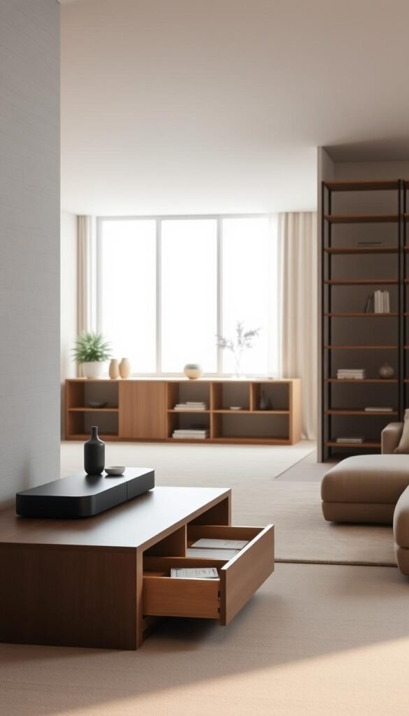 A minimalist living room with strategic storage solutions that seamlessly blend into the neutral, calming aesthetic. The foreground features a low, sleek media console with hidden compartments and drawers, providing ample space for electronics and decor. In the middle ground, a modern, modular shelving unit lines the walls, its clean lines and natural wood tones complementing the room's palette. Soft, diffused light filters in through large windows, creating a serene and inviting atmosphere. The background showcases a neutral, earthy color scheme, with textured walls and plush, muted furnishings that exude a sense of tranquility and balance.