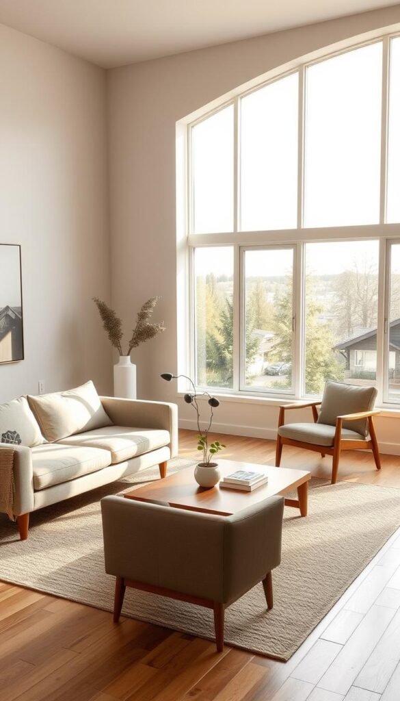 A minimalist mid-century modern living room with low-profile, streamlined furniture pieces that create an illusion of spaciousness. Soft natural lighting filters through large windows, casting a warm glow on the clean-lined sofa, armchair, and coffee table. The neutral color palette of beige, gray, and wood tones exudes a calming, airy ambiance. Carefully curated decor accents like a potted plant and a geometrically-patterned rug add subtle visual interest without overwhelming the open, uncluttered layout. The overall composition gives an impression of effortless sophistication and spatial expansion within a compact floorplan.