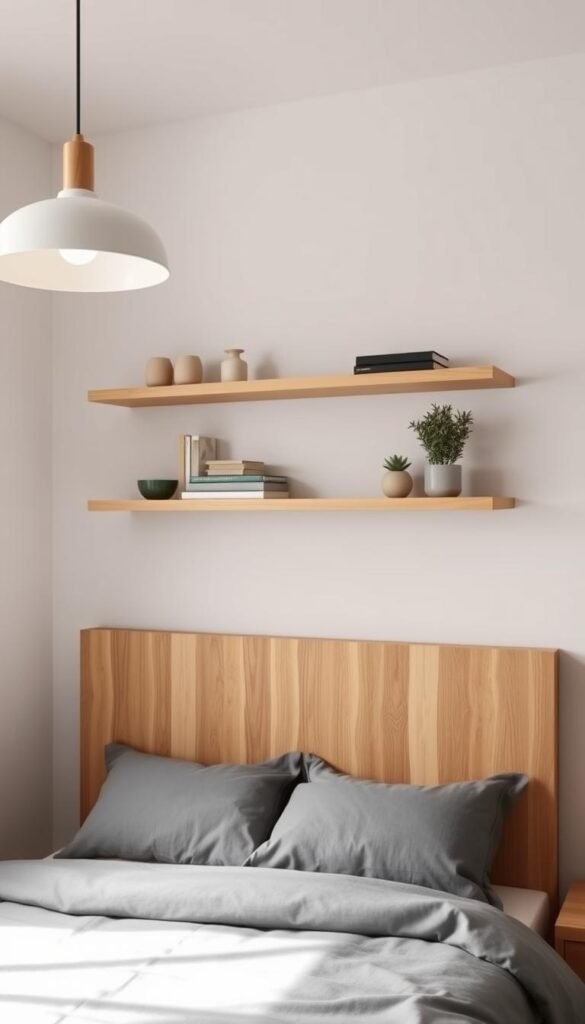 A minimalist, modern bedroom with a wooden headboard and gray bedding. Above the bed, a wall-mounted floating shelf system in a light wood finish, with neatly arranged decorative objects and plants. The shelves are positioned at an eye-level height, creating a clean, functional storage solution. Soft, diffused lighting from a pendant lamp illuminates the scene, casting a warm, cozy ambiance. The overall composition is well-balanced, with the shelves serving as a focal point that complements the simplicity of the bedroom's design.