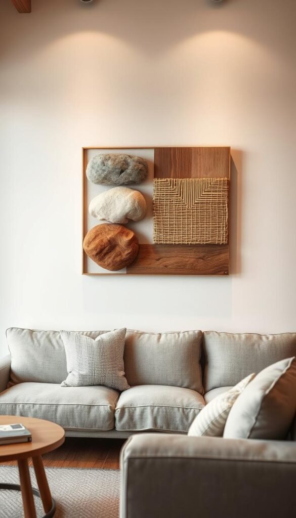 A minimalist, organic wall art piece composed of natural materials in earthy tones, creating a warm and calming focal point in a small living room. The artwork features a simple abstract arrangement of smooth stone, woven rattan, and textured wood, bathed in soft, diffused lighting that accentuates the natural details and materiality. The piece is hung on a white wall, allowing the earthy tones and natural textures to take center stage and complement the organic modern furnishings in the space. The overall mood is one of serenity and thoughtful simplicity, perfectly suited for a cozy, intimate living area.