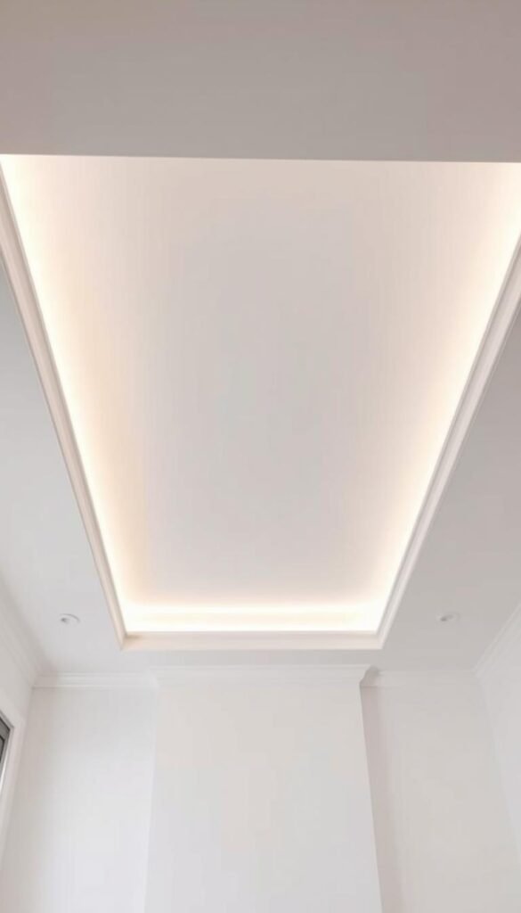 A minimalist tray ceiling design with clean, geometric lines and a serene, understated elegance. Crisp white walls and a soothing neutral palette create a calming, harmonious atmosphere. Recessed lighting along the perimeter casts a soft, even glow, accentuating the subtle architectural details. The tray ceiling's recessed center is defined by a simple, linear border, drawing the eye upwards and creating a sense of depth and visual interest. The overall effect is one of refined sophistication and timeless sophistication, perfect for a modern, style-conscious living room.