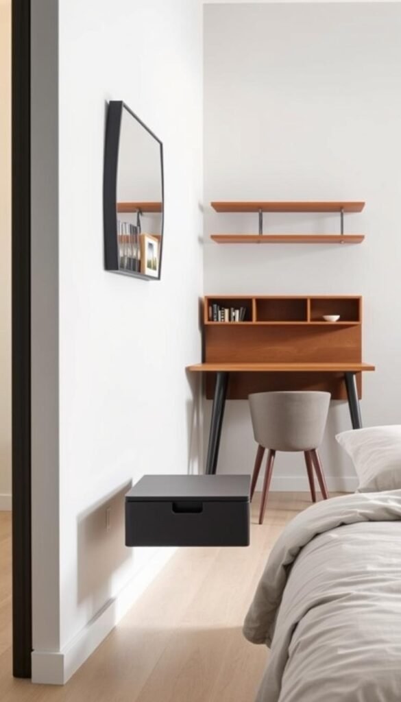 A minimalist, well-lit bedroom setting showcasing a variety of modern, wall-mounted furniture options. In the foreground, a sleek, floating nightstand with clean lines and a matte finish. Behind it, a mid-century inspired, wall-mounted desk with a slim profile and tapered legs. In the background, a wall-mounted shelving unit with adjustable shelves, providing ample storage and display space. The lighting is soft and diffused, creating a warm, inviting atmosphere. The overall composition emphasizes the efficient use of space and the seamless integration of functional, visually appealing wall-mounted furnishings.