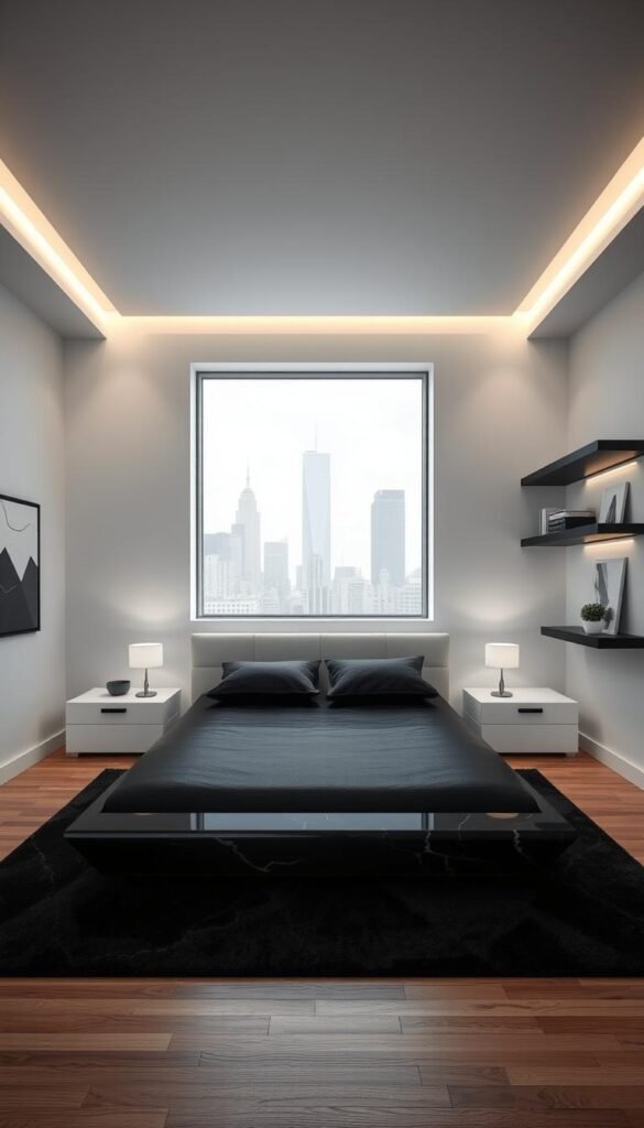 A minimalist yet striking bedroom, bathed in a dramatic contrast of black and white. The focal point is a sleek, low-profile bed frame in glossy onyx, flanked by angular nightstands in crisp white. The walls are a pristine canvas, with geometric shelving units and abstract art pieces adding visual interest. Indirect lighting casts a warm, moody glow, while the hardwood floor reflects the stark tones. A single, oversized window frames the cityscape beyond, blurring the lines between indoor and outdoor spaces. This meticulously curated space exudes a sense of timeless sophistication and contemporary flair.