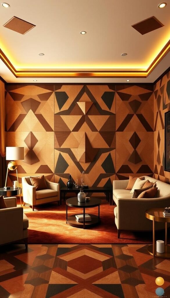 A modern, Art Deco-inspired living room with intricate geometric patterns adorning the walls, floors, and furnishings. The room is bathed in warm, golden lighting, creating a luxurious, vintage atmosphere. Geometric shapes in various sizes and angles, including triangles, hexagons, and rectangles, are strategically placed to create a visually striking and harmonious composition. The patterns feature a mix of muted, earthy tones, such as deep ochres, terracotta, and subtle metallic accents, which complement the room's overall vintage aesthetic. The overall effect is one of timeless elegance and sophisticated glamour, perfectly capturing the essence of the "Modern Art Deco Living Room Ideas for Vintage Luxury" article.