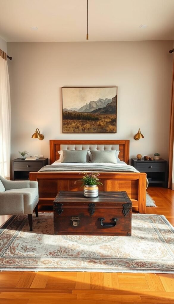 A modern Western-style bedroom, bathed in warm, natural light filtering through sheer curtains. The focal point is a rustic wooden bed frame, complemented by sleek, contemporary nightstands and a plush, tufted headboard. Antique brass lamps provide a vintage touch, while a large, abstract painting on the wall blends old and new. A cozy armchair in a neutral tone sits in the corner, alongside a wooden trunk serving as a coffee table. The hardwood floors are covered by a vintage-inspired rug, tying the entire space together. The overall atmosphere is one of refined elegance, where traditional and modern elements seamlessly coexist. A modern Western-style bedroom, bathed in warm, natural light filtering through sheer curtains. The focal point is a rustic wooden bed frame, complemented by sleek, contemporary nightstands and a plush, tufted headboard. Antique brass lamps provide a vintage touch, while a large, abstract painting on the wall blends old and new. A cozy armchair in a neutral tone sits in the corner, alongside a wooden trunk serving as a coffee table. The hardwood floors are covered by a vintage-inspired rug, tying the entire space together. The overall atmosphere is one of refined elegance, where traditional and modern elements seamlessly coexist.