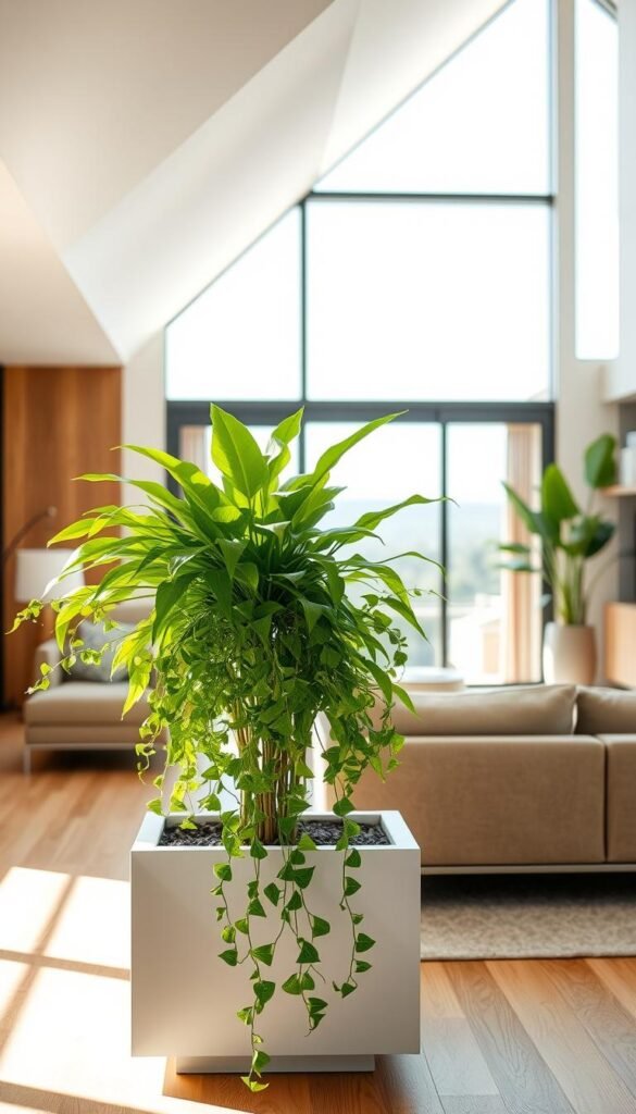 A modern, airy living room bathed in natural light, showcasing harmonious biophilic design elements. In the foreground, a lush, verdant indoor plant arrangement cascades from a sleek, minimalist planter, its vibrant foliage gently swaying. The middle ground features a large, floor-to-ceiling window that frames a serene outdoor landscape, blurring the line between interior and exterior. The background is characterized by warm, earthy tones, with natural wood accents and a soothing, neutral color palette that creates a calming, inviting atmosphere. The scene is captured with a wide-angle lens, emphasizing the seamless integration of nature and contemporary design.