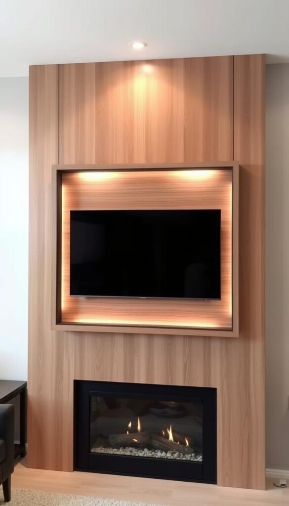 A modern and stylish frame TV display solution, showcasing a sleek and minimalist design. The TV is seamlessly integrated into a wooden wall panel, with a clean and uncluttered appearance. The panel features a subtle texture, complementing the warm tones of the surrounding fireplace. Soft, indirect lighting from above casts a cozy glow, creating a inviting and sophisticated ambiance. The arrangement is positioned at eye level, allowing for comfortable viewing. The overall setup blends technology seamlessly with the decor, disguising the presence of the TV and elevating the aesthetics of the living space.