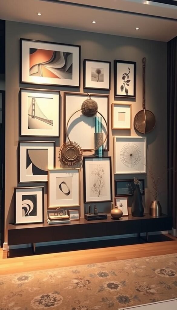 A modern, asymmetrical wall decor arrangement featuring a mix of framed art prints, wall hangings, and sculptural elements. The display is balanced yet dynamic, with irregular shapes, angles, and sizes creating visual interest. The pieces are arranged in a staggered, off-center layout, breaking the traditional symmetrical patterns. Warm, directional lighting from hidden sources casts dramatic shadows, adding depth and dimension. The color palette is a mix of neutral tones with pops of metallic accents, complementing the sleek, minimalist aesthetic. The overall mood is one of sophisticated, rule-breaking elegance that would elevate any living room. A modern, asymmetrical wall decor arrangement featuring a mix of framed art prints, wall hangings, and sculptural elements. The display is balanced yet dynamic, with irregular shapes, angles, and sizes creating visual interest. The pieces are arranged in a staggered, off-center layout, breaking the traditional symmetrical patterns. Warm, directional lighting from hidden sources casts dramatic shadows, adding depth and dimension. The color palette is a mix of neutral tones with pops of metallic accents, complementing the sleek, minimalist aesthetic. The overall mood is one of sophisticated, rule-breaking elegance that would elevate any living room.