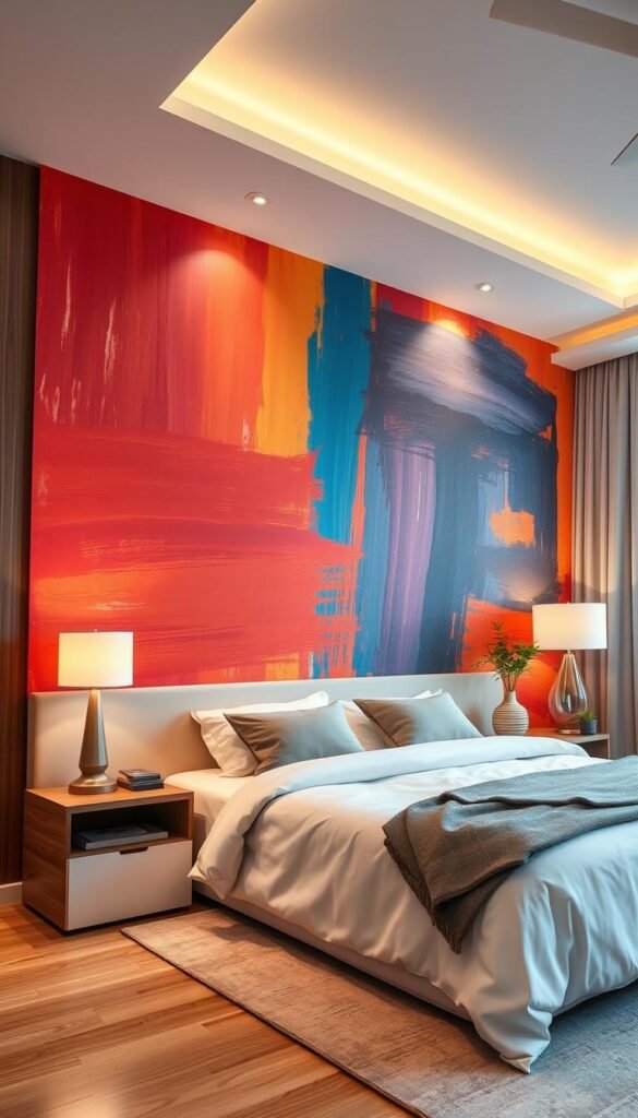 A modern bedroom with a bold, vibrant accent wall showcasing dynamic brush strokes and textures. The wall is lit by warm, diffused lighting, casting a cozy, inviting atmosphere. The painting techniques feature a harmonious blend of rich, saturated hues that create depth and visual interest. The brushwork is expressive, with visible impasto and gestural movements. The overall composition is balanced, with the accent wall serving as the focal point, drawing the eye and complementing the minimalist decor. The room's minimal furnishings allow the painted wall to take center stage, making a strong, confident statement.