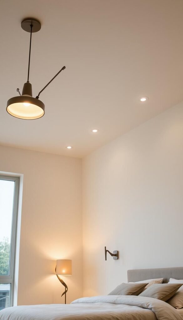 A modern bedroom with clean lines and minimalist design. A large window floods the space with natural light, casting a soft glow on the contemporary lighting fixtures. Suspended from the ceiling, sleek pendant lamps with adjustable arms provide focused task lighting, while recessed downlights create a warm, ambient atmosphere. Wall-mounted sconces flank the bed, their muted metallic finishes complementing the neutral color palette. A sculptural floor lamp in the corner casts a gentle, diffused light, adding depth and texture to the room. The overall lighting scheme is harmonious, enhancing the serene, inviting ambiance of the space.
