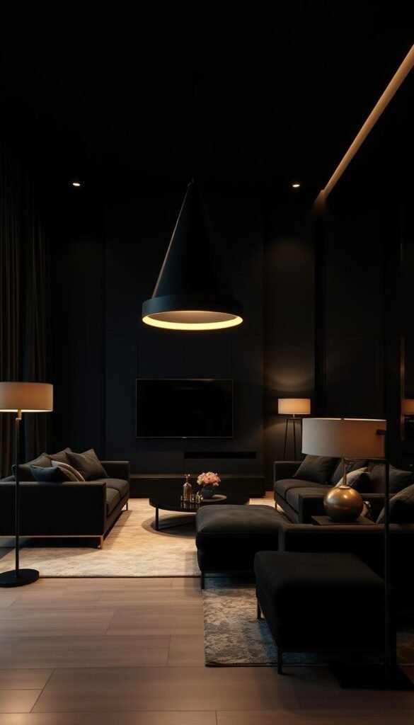 A modern black living room with sleek, minimalist design. Soft, warm lighting from a large, low-hanging pendant fixture illuminates the space, creating a cozy and inviting atmosphere. The lighting casts gentle shadows, highlighting the rich textures of the dark walls and plush, oversized furniture. Ambient lighting from hidden sources bathes the room in a subtle glow, while statement floor lamps provide focused task lighting. The overall lighting design blends functionality and style, elevating the bold, monochromatic aesthetic.